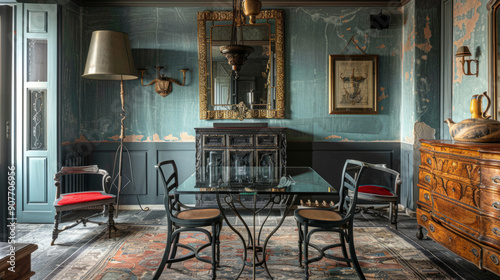 Tension between old and new: A blend of antique furniture and modern elements: glass tables against the backdrop of heavy wooden chairs, and metal lamps above an old dresser. photo