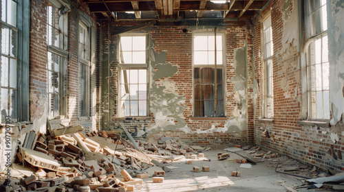 Light streams into an abandoned, dilapidated room filled with scattered bricks and crumbling walls, evoking a haunting atmosphere.