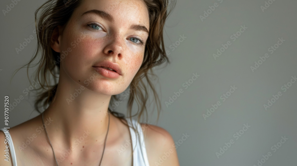 A young woman with tousled hair and delicate freckles gazes confidently into the camera, showcasing her natural allure against a muted backdrop. A young woman with tousled hair and delicate freckles gazes confidently into the camera, showcasing her natural allure against a muted backdrop.