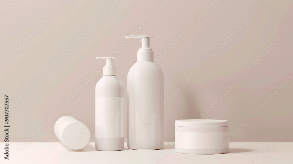 A sleek, minimalist collection of white skincare bottles and jars arranged neatly on a soft, neutral background.