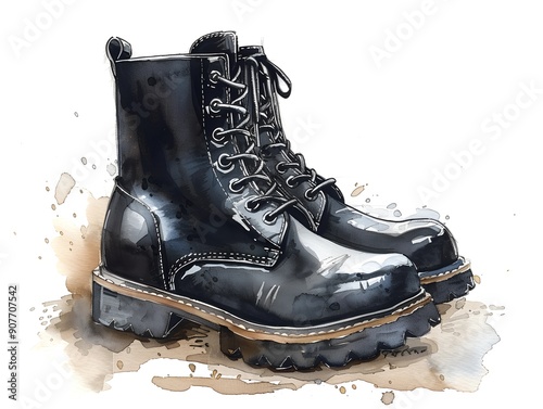 Watercolor illustration of fashion style black boots. AI generated