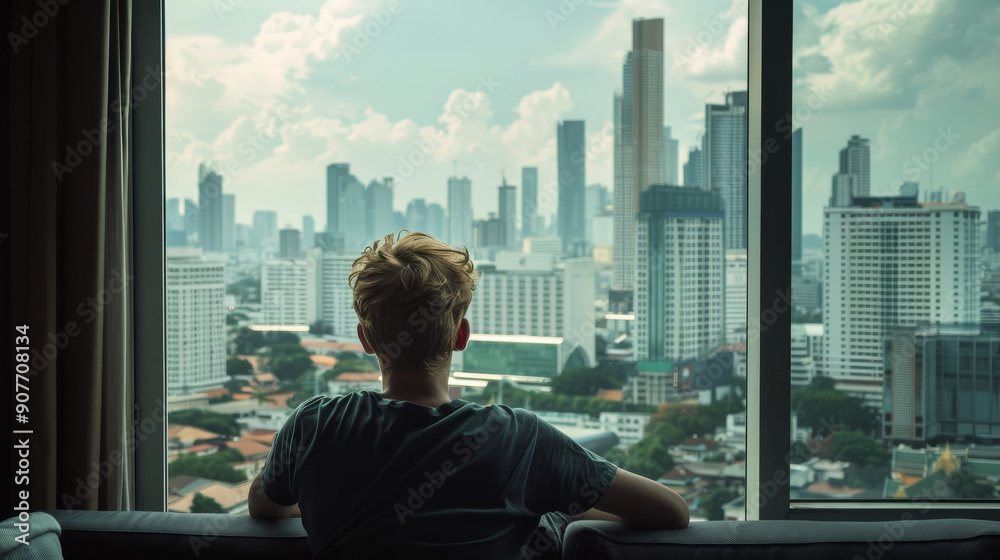 A person looks out a large window at a sprawling city skyline, contemplating the vast urban landscape in the distance. A person looks out a large window at a sprawling city skyline, contemplating the vast urban landscape in the distance.