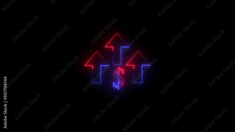 Glowing neon line of dollar sign icon and up arrow isolated on transparent background. Money, profit, investment, growth business, economy . Glowing neon line of dollar sign icon and up arrow isolated on transparent background. Money, profit, investment, growth business, economy .