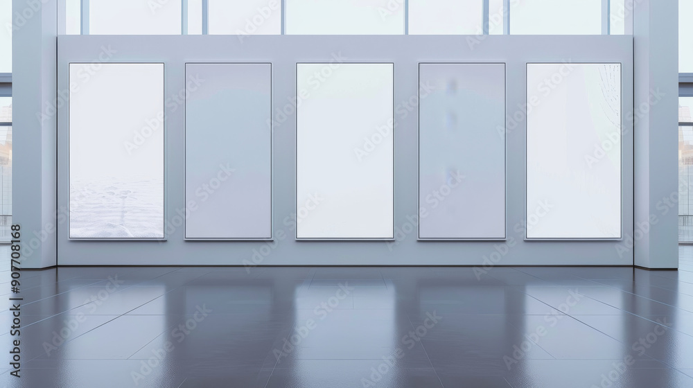 An empty, modern art gallery with large, white-framed canvases against expansive windows, bathed in natural light, waiting for a new exhibition. An empty, modern art gallery with large, white-framed canvases against expansive windows, bathed in natural light, waiting for a new exhibition.
