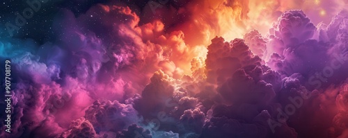 Vibrant colorful night sky, stars and clouds. Banner.