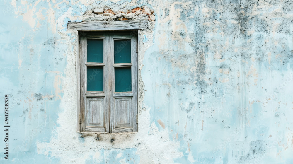 A rustic wooden window set in a weathered, pastel blue wall exudes charm and simplicity. A rustic wooden window set in a weathered, pastel blue wall exudes charm and simplicity.