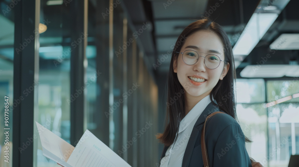 A young professional woman in glasses holds papers and smiles brightly in a modern office corridor, ready to tackle the day's challenges. A young professional woman in glasses holds papers and smiles brightly in a modern office corridor, ready to tackle the day's challenges.