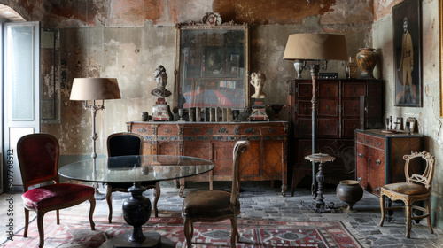 Tension between old and new: A blend of antique furniture and modern elements: glass tables against the backdrop of heavy wooden chairs, and metal lamps above an old dresser. photo