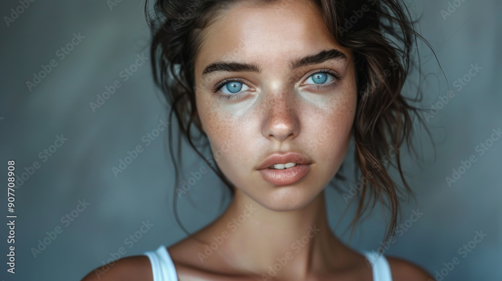 A portrait of a woman with captivating blue eyes and tousled hair gazing intensely, under soft, natural light. A portrait of a woman with captivating blue eyes and tousled hair gazing intensely, under soft, natural light.