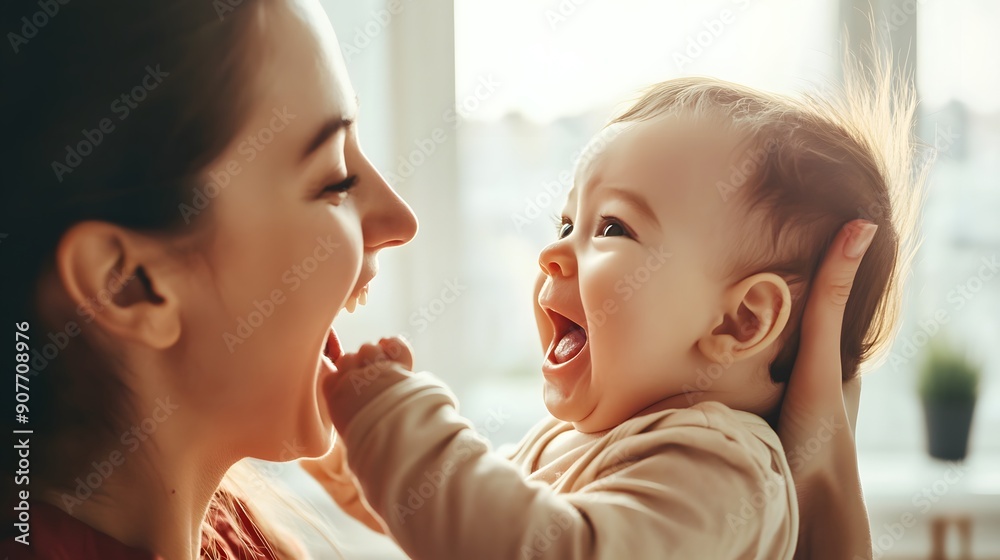 A young mother laughs with her baby, both with wide smiles, as they look at each other. A young mother laughs with her baby, both with wide smiles, as they look at each other.