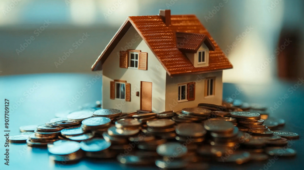 Miniature house standing on a pile of coins representing real estate investment Miniature house standing on a pile of coins representing real estate investment