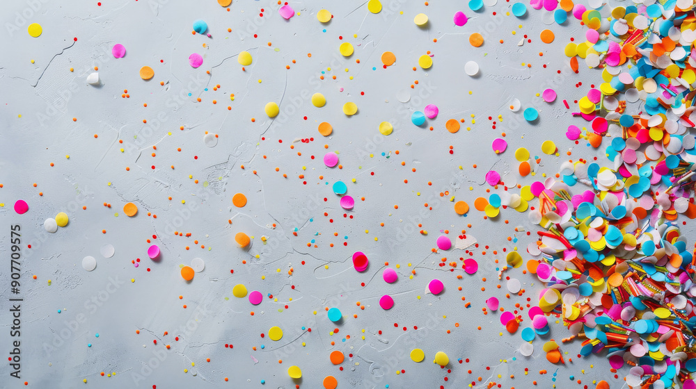 Multicolored confetti dots are artfully spread across a subtle grey background, capturing a moment of celebration and joy. Multicolored confetti dots are artfully spread across a subtle grey background, capturing a moment of celebration and joy.