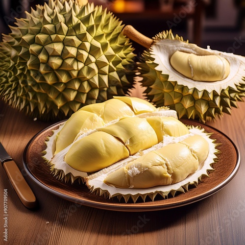 A tropical fruit called Durian with a spiky, hard outer shell is on the table and the yellow Durian flesh on a plate. photo