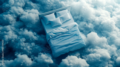 Comfortable bed floating on a blue cloudy sky background