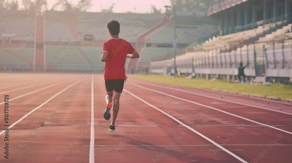 Obraz premium A lone runner in a red shirt and black shorts races down an empty athletic track, bathed in the soft light of early morning.