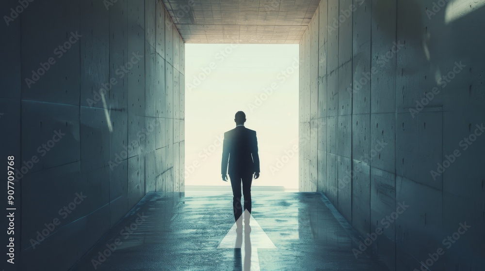 A person in a suit walks confidently towards a radiant light through a minimalist concrete passageway. A person in a suit walks confidently towards a radiant light through a minimalist concrete passageway.