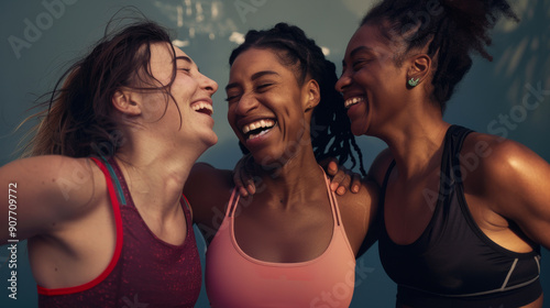 Three women in workout attire share a joyous moment, laughing together against a soft blue background, signifying friendship and a shared love for fitness.