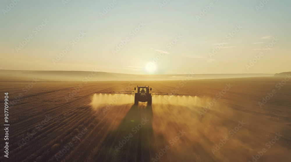 On a vast golden field, a tractor drives into the horizon, spraying crops under a golden sunset sky filled with gentle clouds, symbolizing hard work and dedication. On a vast golden field, a tractor drives into the horizon, spraying crops under a golden sunset sky filled with gentle clouds, symbolizing hard work and dedication.