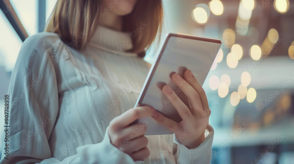 A woman in a cozy white sweater reads from a tablet, with warm bokeh lights adding to the ambiance of the modern setting. A woman in a cozy white sweater reads from a tablet, with warm bokeh lights adding to the ambiance of the modern setting.