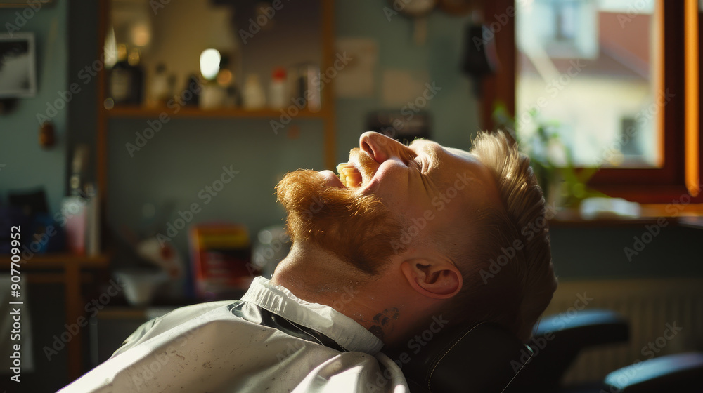 A man with a ginger beard is sitting back, laughing heartily in a cozy barber shop filled with warm light, creating a cheerful and relaxed atmosphere. A man with a ginger beard is sitting back, laughing heartily in a cozy barber shop filled with warm light, creating a cheerful and relaxed atmosphere.