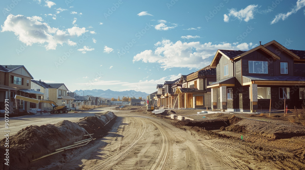 Fototapeta premium A residential construction site with houses under development, set against a clear blue sky with scattered clouds, capturing progress and community growth.