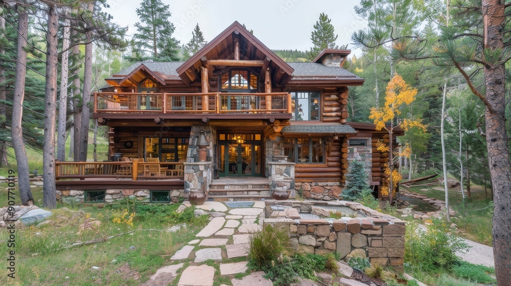 Picture a cozy mountain lodge with a log exterior, stone accents, and a large deck. Picture a cozy mountain lodge with a log exterior, stone accents, and a large deck.