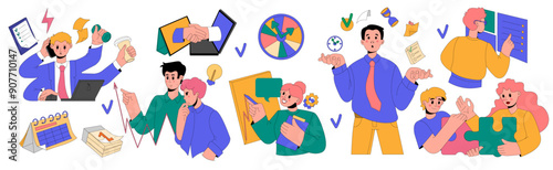 People working, work team in office. Business research, report study. Process creative, project teamwork, develop analytics, time clock calendar, schedule infographic. Vector cartoon flat style set