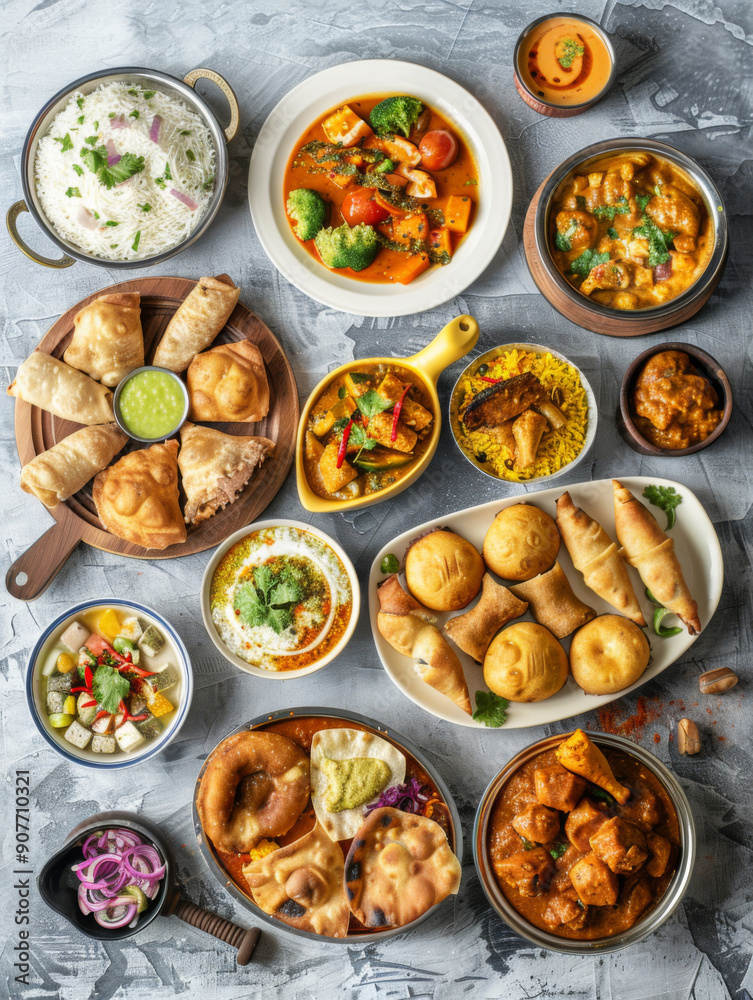A table full of food with a variety of dishes including rice, bread, and meat A table full of food with a variety of dishes including rice, bread, and meat