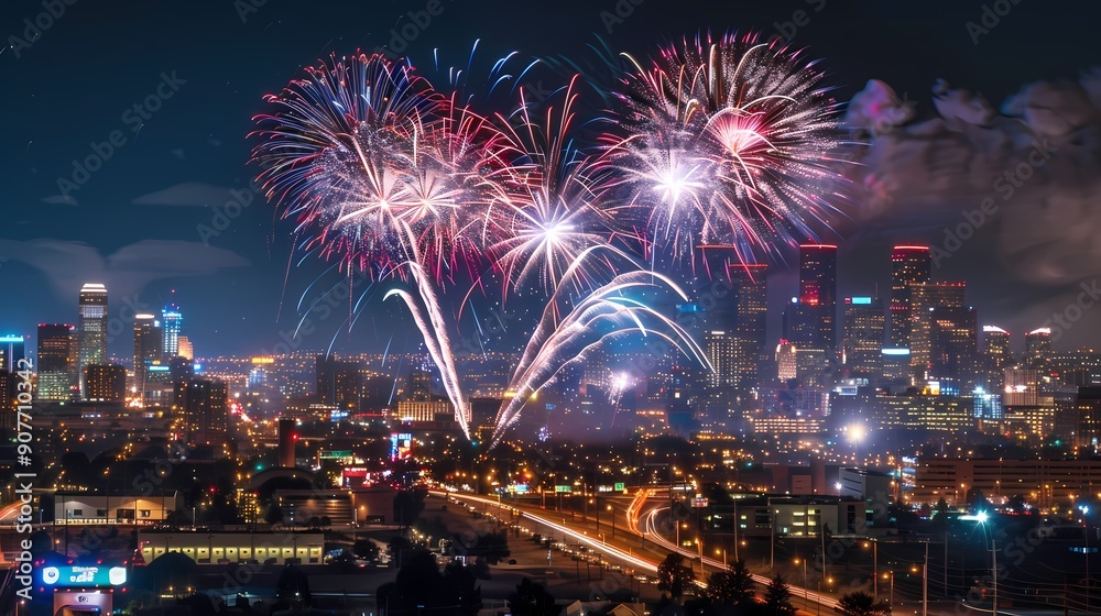 Vibrant fireworks explode over a cityscape at night, illuminating the skyline with bright lights and trails of smoke. Vibrant fireworks explode over a cityscape at night, illuminating the skyline with bright lights and trails of smoke.