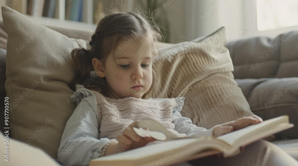 A young child with pigtails is sitting comfortably on a sofa, engrossed in reading a book during the daylight. A young child with pigtails is sitting comfortably on a sofa, engrossed in reading a book during the daylight.