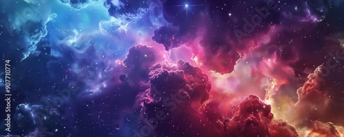 Vibrant colorful night sky, stars and clouds. Banner.