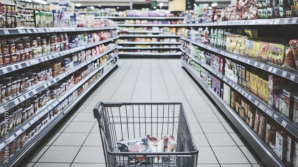 An empty shopping cart sits in the middle of an aisle at the grocery store. An empty shopping cart sits in the middle of an aisle at the grocery store.