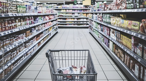 An empty shopping cart sits in the middle of an aisle at the grocery store.  photo