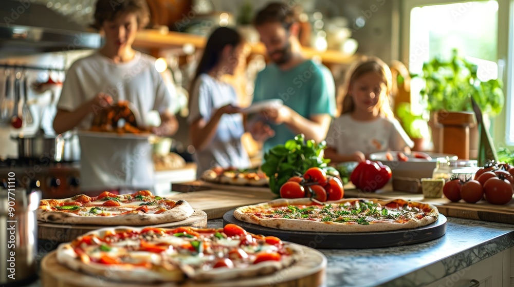Obraz premium Picture a lively kitchen during a family gathering. Multiple pizzas are being prepared and baked, with laughter and conversation filling the air, creating a warm and joyful atmosphere.