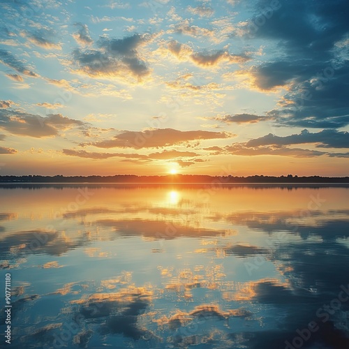 Golden Hour Reflection: A serene lake mirrors the breathtaking colors of a sunset, creating a stunning panorama of nature's beauty. The warm hues of the sky are reflected in the still water, capturin