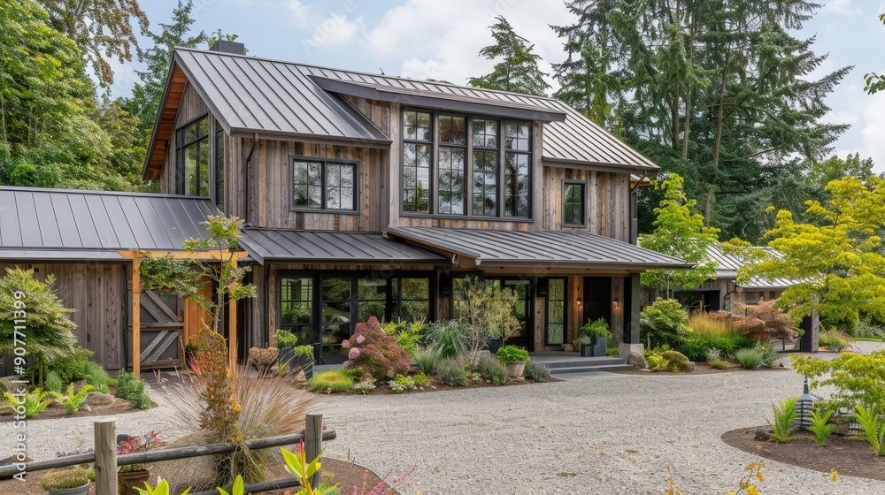 Picture a modern barn-style home with a metal roof, sliding barn doors, and large windows. Picture a modern barn-style home with a metal roof, sliding barn doors, and large windows.
