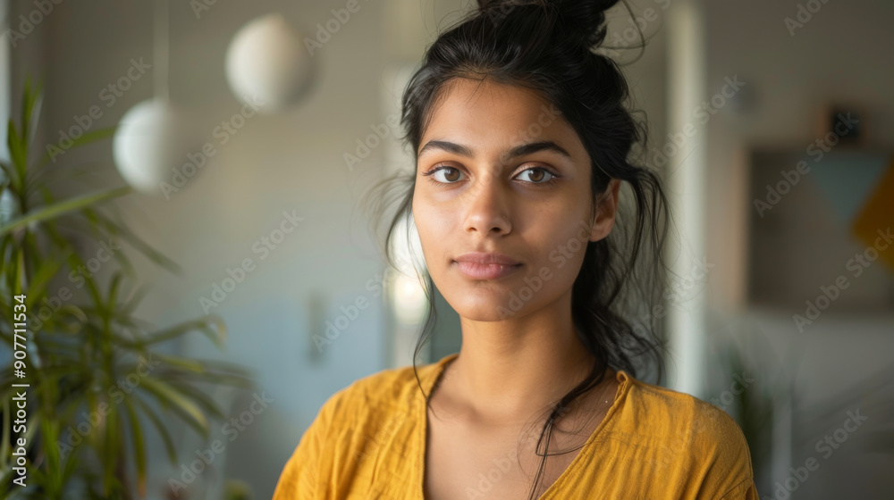 A casual young woman with a natural look stands in her cozy living space, adorned with plants and delicate decor, radiating an aura of calm and simplicity. A casual young woman with a natural look stands in her cozy living space, adorned with plants and delicate decor, radiating an aura of calm and simplicity.