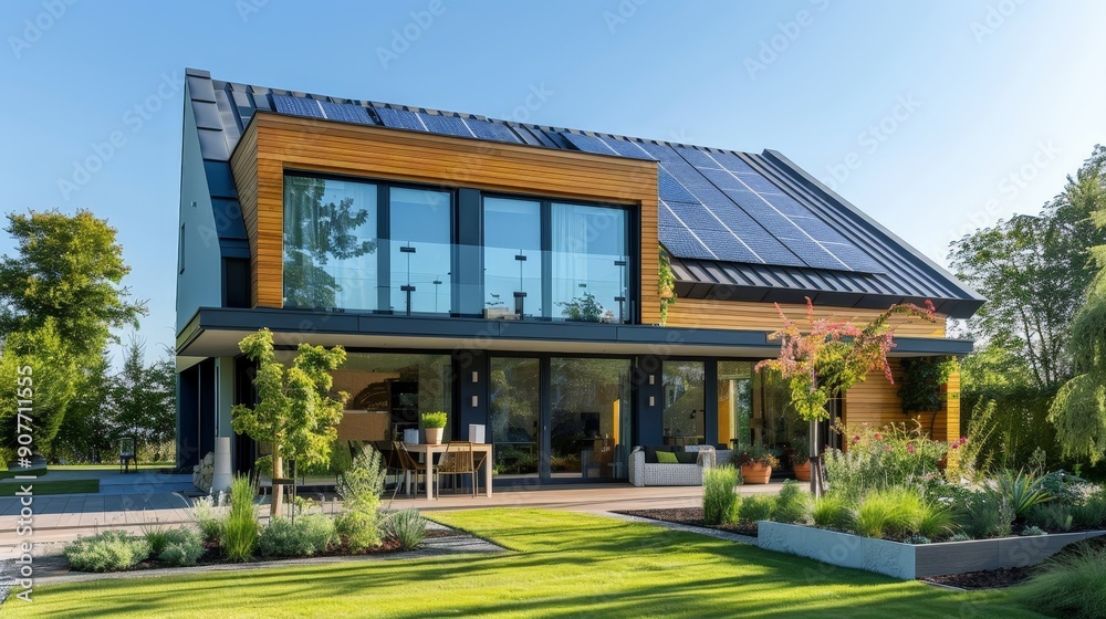 Picture a modern eco-friendly house in the UK with solar panels, green roofing, and large glass windows. Picture a modern eco-friendly house in the UK with solar panels, green roofing, and large glass windows.