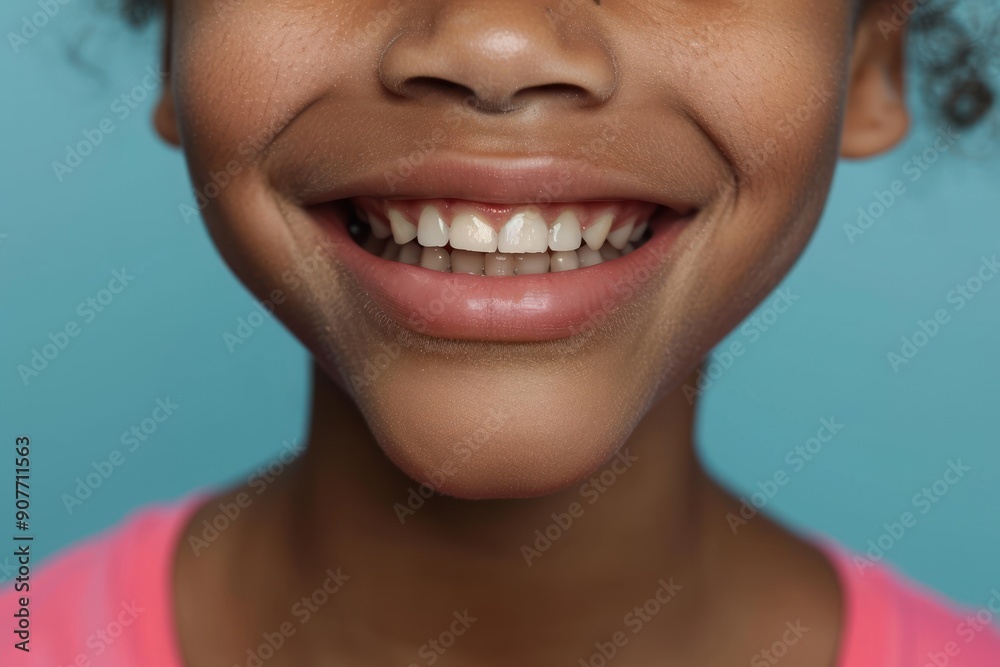A close-up of a kid's smile with diastema gap between her two front teeth Isolated on blue background A close-up of a kid's smile with diastema gap between her two front teeth Isolated on blue background