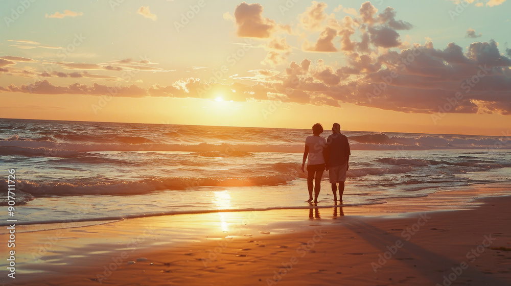 A couple strolls along a serene beach at sunset, their silhouettes framed against the vibrant, colorful sky and gentle waves. A couple strolls along a serene beach at sunset, their silhouettes framed against the vibrant, colorful sky and gentle waves.