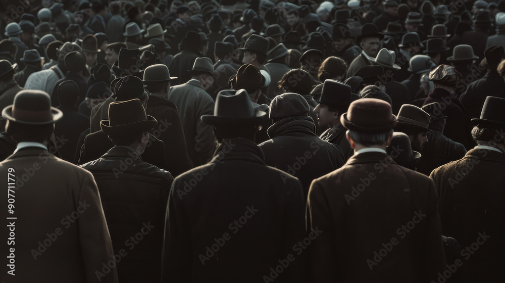 Fototapeta premium A multitude of people wearing dark-colored coats and hats, converging in a crowded space with a sense of anonymity and mystery.