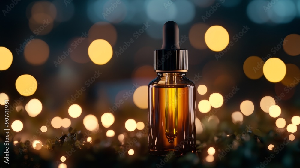 Brown dropper bottle with bokeh lights in background Brown dropper bottle with bokeh lights in background