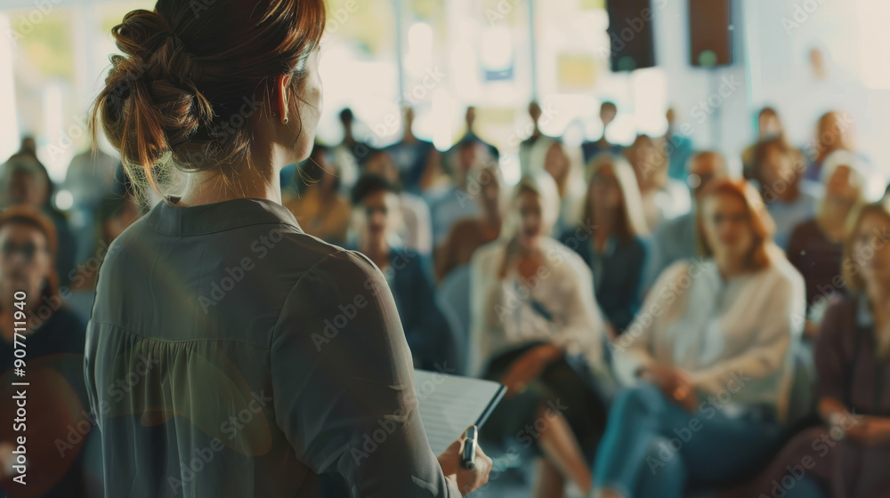 Fototapeta premium Woman presenting to an attentive audience in a well-lit conference room, holding a tablet.