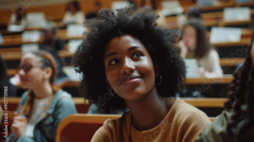 A young woman with voluminous curls smiles in an auditorium surrounded by attentive students.