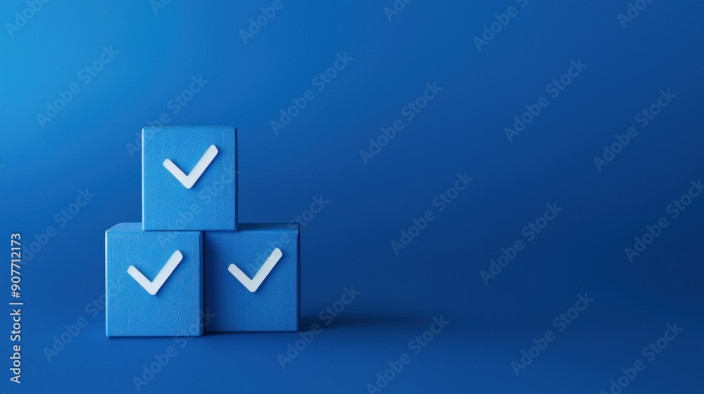 Three blue cubes with check marks on dark blue background representing business performance checklist, focus on task completion, success in evaluation Three blue cubes with check marks on dark blue background representing business performance checklist, focus on task completion, success in evaluation