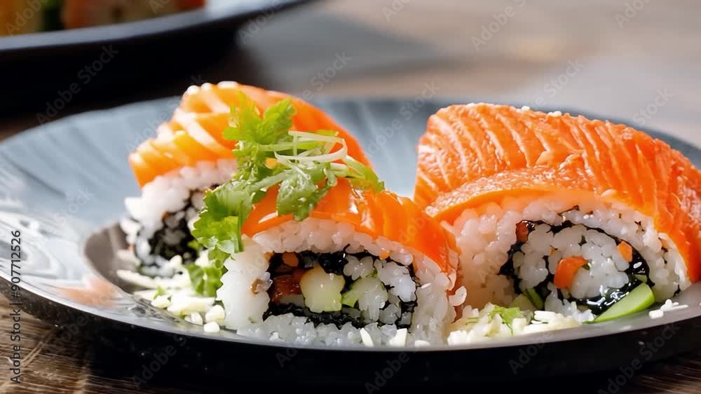 Delicious and elegant sushi served on a white plate. Delicious and elegant sushi served on a white plate.