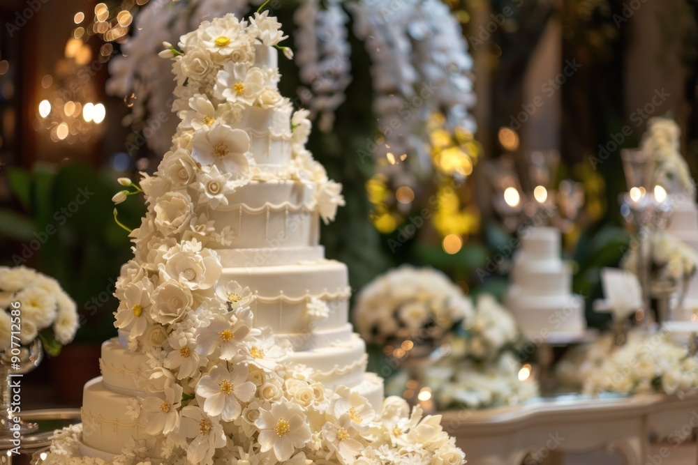A lavish wedding cake embellished with delicate white flowers stands gracefully on a table A lavish wedding cake embellished with delicate white flowers stands gracefully on a table