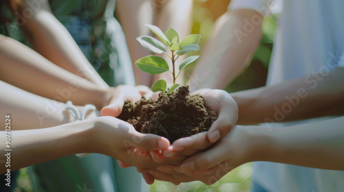 A group of people come together, their hands gently cradling a small plant, symbolizing unity and new beginnings.