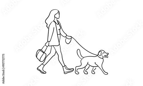 Girl walking with dog continuous line art drawing isolated on white background. Friend line art drawing. Vector illustration