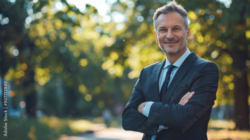 A dignified man with a warm smile stands confidently in a suit amidst a lush, green background under soft sunlight. A dignified man with a warm smile stands confidently in a suit amidst a lush, green background under soft sunlight.